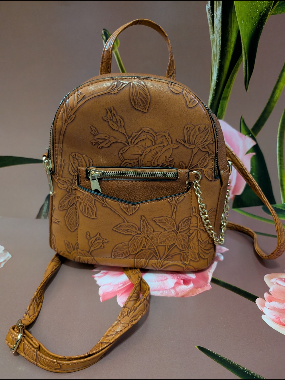 Tan Floral Embossed Mini Backpack - Unbranded